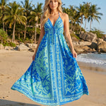 Blue Floral Print Halter Backless Midi Dress