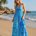 Blue Floral Print Halter Backless Midi Dress