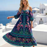 Blue Tropical Palm Print Off Shoulder Midi Dress