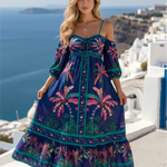 Blue Tropical Palm Print Off Shoulder Midi Dress