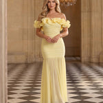 Pale Yellow Ruffled Ruched Slim Fit Maxi Evening Dress