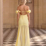 Pale Yellow Ruffled Ruched Slim Fit Maxi Evening Dress
