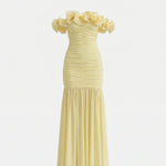 Pale Yellow Ruffled Ruched Slim Fit Maxi Evening Dress