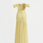 Pale Yellow Ruffled Ruched Slim Fit Maxi Evening Dress