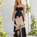 Black Plant Print Cutout Waist Tie Back Spaghetti Strap Maxi Dress
