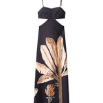 Black Plant Print Cutout Waist Tie Back Spaghetti Strap Maxi Dress