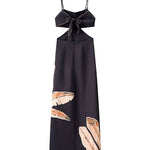 Black Plant Print Cutout Waist Tie Back Spaghetti Strap Maxi Dress