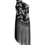 Black Floral Print One Shoulder Fringe Mini Dress