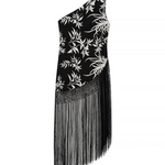 Black Floral Print One Shoulder Fringe Mini Dress
