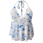 White Floral Print Backless Halter Neck Peplum Cropped Top