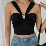 Black Metal Ring Twist Knit Crop Top