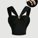 Black Metal Ring Twist Knit Crop Top