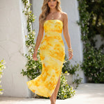 Yellow Floral Print Ruched Strapless Bodycon Maxi Dress