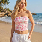 White Floral Print Strapless Tube Crop Top