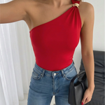 Red One Shoulder Top with Gold Ring Detail