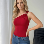 Red One Shoulder Top with Gold Ring Detail