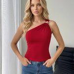 Red One Shoulder Top with Gold Ring Detail