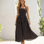 Black Polka Dot Backless Halter Neck A-Line Midi Dress