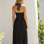 Black Polka Dot Backless Halter Neck A-Line Midi Dress