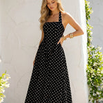 Black Polka Dot Backless Halter Neck A-Line Midi Dress