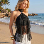 Black Halter Sheer Lace Slim Fit Cropped Top