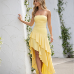 Yellow Ruched Strapless High-Low Ruffle Maxi Dress