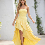 Yellow Ruched Strapless High-Low Ruffle Maxi Dress