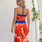 Red Floral Print Colorblock Milk Silk Cropped Halter Top And Maxi Skirt Set