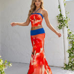 Red Floral Print Colorblock Milk Silk Cropped Halter Top And Maxi Skirt Set