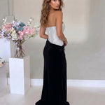 Silver Sequin Strapless Black Velvet High Slit Maxi Dress