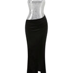 Silver Sequin Strapless Black Velvet High Slit Maxi Dress