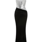 Silver Sequin Strapless Black Velvet High Slit Maxi Dress