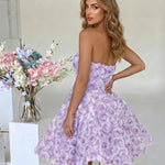 Purple Strapless 3D Rose A-Line Mini Dress