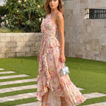Pink Floral Print Halter Neck Pleated Ruffle Maxi Dress