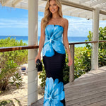 Black Floral Print Strapless Maxi Dress