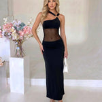 Black Mesh Cutout Ruched One Shoulder Maxi Dress
