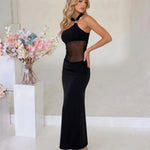 Black Mesh Cutout Ruched One Shoulder Maxi Dress