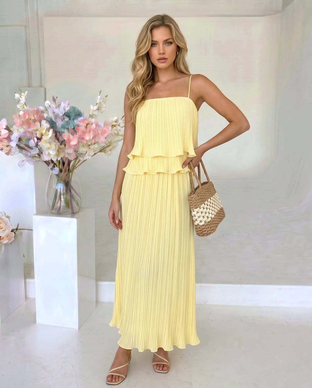 Yellow Tiered Ruffle Pleated Loose Fit Maxi Dress