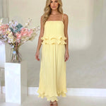 Yellow Tiered Ruffle Pleated Loose Fit Maxi Dress