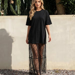 Black Oversized T-Shirt with Sheer Lace Maxi Overlay Dress