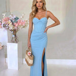 Light Blue Corset Bustier High Slit Mermaid Maxi Dress