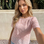 Pink Floral Embroidery Pearl Neck Short Sleeve Blouse