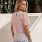Pink Floral Embroidery Pearl Neck Short Sleeve Blouse