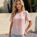 Pink Floral Embroidery Pearl Neck Short Sleeve Blouse