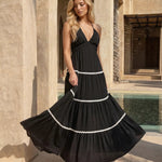 Black Halter Neck Tiered Maxi Dress with White Contrast Trim