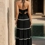 Black Halter Neck Tiered Maxi Dress with White Contrast Trim