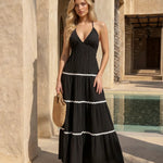 Black Halter Neck Tiered Maxi Dress with White Contrast Trim