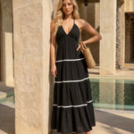 Black Halter Neck Tiered Maxi Dress with White Contrast Trim