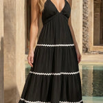 Black Halter Neck Tiered Maxi Dress with White Contrast Trim