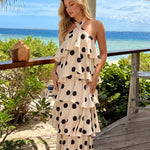 Beige Polka Dot Halter Neck Tiered Maxi Dress